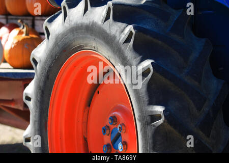 Close up of isolated roue noire avec bande de roulement des pneus suffisamment profonde d'un vieux tracteur avec jante rouge et bleu sur une ferme en Pays-Bas Banque D'Images