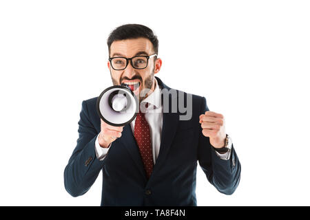 Irrité businessman with megaphone montrant fist isolated on white Banque D'Images
