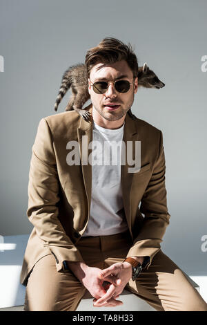 Bel homme à lunettes assis dans la lumière du soleil avec drôle sur l'épaule du raton laveur sur gris Banque D'Images