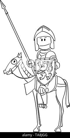 Vector cartoon stick figure dessin illustration conceptuelle de chevalier en armure avec lance ou lance et le bouclier assis et équitation sur cheval. Illustration de Vecteur