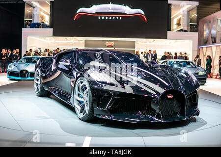 Genève, Suisse, le 07 mars 2019 : noir métallique Bugatti La voiture noire à Genève International Motor Show, voitures de rêve, Bugatti, site d'exposition Banque D'Images