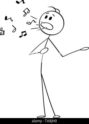 Vector cartoon stick figure dessin illustration conceptuelle de l'homme ou de singer le chant avec les notes de musique venant de sa bouche. Illustration de Vecteur