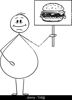 Vector cartoon stick figure dessin illustration conceptuelle de l'embonpoint ou sont obèses smiling man holding sign avec hamburger burger ou image. Junk Food concept. Illustration de Vecteur