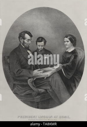 Le président Lincoln, à la maison, lire les écritures à sa femme et son fils, Currier & Ives, 1865 Banque D'Images