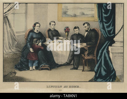 À la maison, Lincoln Portrait d'Abraham Lincoln avec son épouse Mary Todd Lincoln (assis à gauche) et fils Thomas (debout avec Marie), Robert (assis au centre) et William (debout à droite avec Lincoln), lithographie de E.B. & C.e. Kellogg, publié par George Whiting, 1865 Banque D'Images
