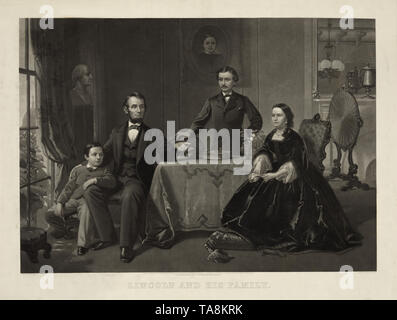 Lincoln et sa famille, Portrait d'Abraham Lincoln avec son épouse Mary Todd Lincoln (assis à droite) et fils Robert (debout) et Thomas (assis à gauche), gravure par William Sartain D'après une peinture par Samuel Bell Waugh, publié par Bradley & Co., 1866 Banque D'Images
