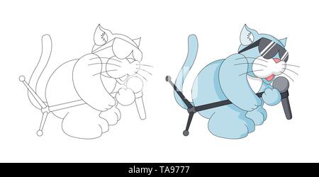 Encore de cartoon animal chat enfantin avec microphone page à colorier pour les enfants Illustration de Vecteur