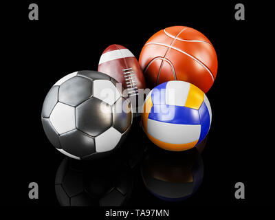 Illustration 3D réalistes de ballons de sport, noir isolé. Banque D'Images