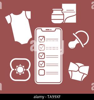 Vector illustration avec le smartphone à l'aide de bébé, accessoires. Body, aliments pour bébé, couches, peut-mamelon, bat. Les achats en ligne. Illustration de Vecteur