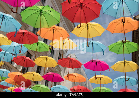 Décoration parasols colorés dans les rues de la ville de Timisoara, Roumanie Banque D'Images