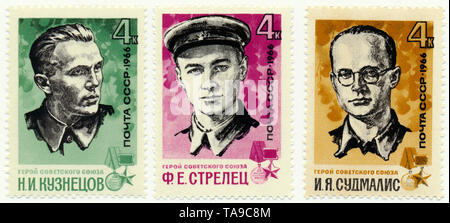 Timbres-poste historique de l'URSS, des motifs politiques, dirigeants de groupes de guérilleros, Historische Briefmarken, Leiter von Guerilla-Gruppen Kusnezow, Sudmalis, Archer, Ya, 1966, UDSSR Banque D'Images