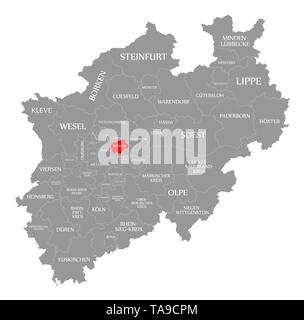Bochum a mis en évidence dans la carte rouge de Rhénanie du Nord-Westphalie DE Banque D'Images