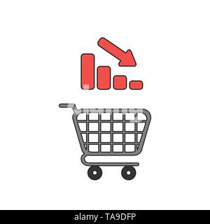 Icône vecteur concept de panier avec barre graphique en descente. Contours noirs et colorés. Illustration de Vecteur