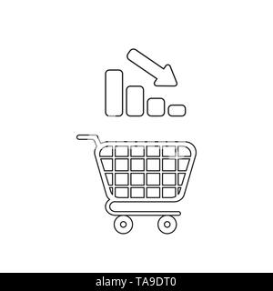 Icône vecteur concept de panier avec barre graphique vers le bas. Contours noirs. Illustration de Vecteur