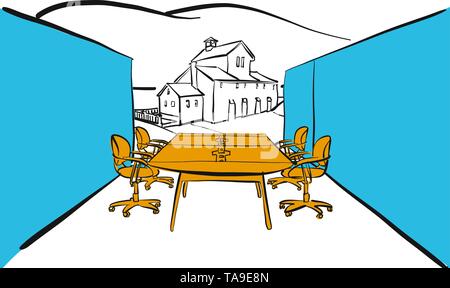 Table de bureau moderne en plein air scène concept. Hand drawn vector art pour l'architecture et les projets de communication. Illustration de Vecteur