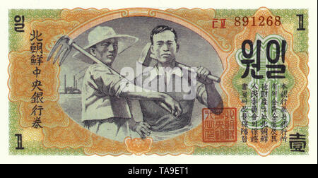 Nord-Korea billets aus, Land- und Industriearbeiter, a remporté 1, 1947, de billets à partir de la Corée du Nord, les travailleurs agricoles et industriels, a remporté 1, 1947 Banque D'Images