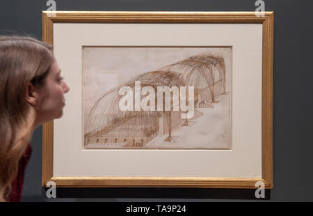 La Queen's Gallery, Londres, Royaume-Uni. 23 mai 2019. Léonard de Vinci : une vie dans le dessin est la plus grande exposition de l'œuvre de Leonardo dans plus de 65 ans, et marque le 500e anniversaire de la mort de l'artiste. De droit : mortiers tirant dans une forteresse, c.1503-4. Credit : Malcolm Park/Alamy Live News. Banque D'Images