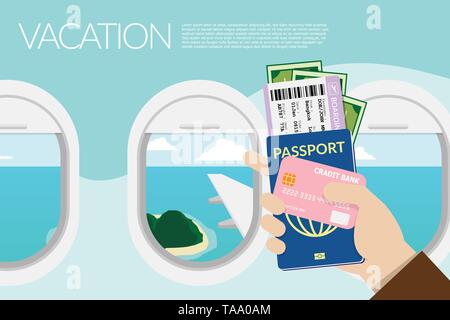 Main tenant le passeport, carte d'embarquement , l'argent de poche et une carte de crédit avec vue sur l'île à l'extérieur de la fenêtre de l'avion à l'arrière-plan. vector illustratio Illustration de Vecteur