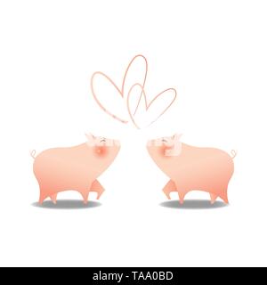 Deux petits cochons mignon sourire avec big pink joue face à face avec la forme de coeur pour l'amour de l'émotion , isolé sur fond blanc. Happy Chinese Illustration de Vecteur