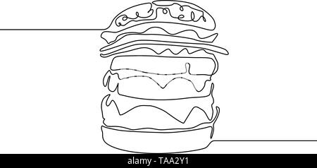 Ligne continue ou Hamburger Hamburger ou sandwich ou cheesburger. Vector illustration. Illustration de Vecteur