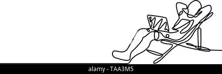 Une ligne travailleur indépendant travaillant avec un ordinateur portable posé sur une chaise longue Illustration de Vecteur