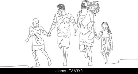 Une ligne continue happy family walking holding les mains Illustration de Vecteur