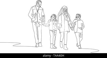 Une ligne continue happy family walking together tenant ses mains Illustration de Vecteur