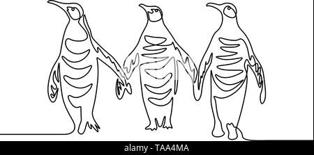 Dessin de ligne continu trois pingouins. Groupe de pingouins. Illustration de Vecteur