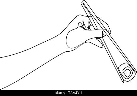 Une ligne continue hand holding baguette pour manger Sushi roll Illustration de Vecteur