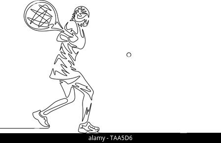 Une ligne continue femme dessin tennis player balançoires pour frapper la balle Illustration de Vecteur