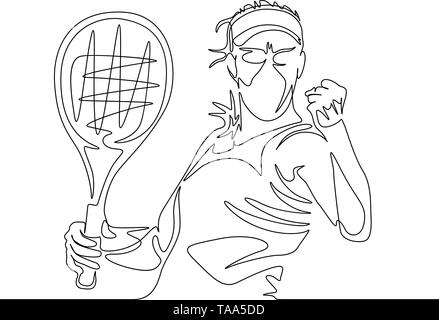 Dessin d'une ligne continue joueur de tennis femme serre son poing dans la position gagnante Illustration de Vecteur