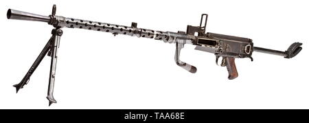 Une mitrailleuse Dreyse Mod. (13 etralhadora «m Dreyse/938'), Portugal, 1938 Contrat de-activé arme Cal. 8 x 57. Lueur de hider. Bipied. Poignée de transport. L'épaule pliable stock. 25-shot box magazine. Sur le côté droit du blason portugais du récepteur avec l'année "1938". Différentes marques d'acceptation eagle/WaA4. Finition originale complète. Livré avec adaptateur pour le tir à blanc et d'un magazine plaque contenant huit magazines. Toutes les pièces amovibles. Également utilisé par les unités de la Wehrmacht pendant la deuxième moitié de la SECONDE GUERRE MONDIALE. Modification certifié. Longueur 146/120 cm., historique, Portugal, Editorial-Use historique seule Banque D'Images