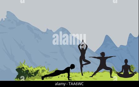 Silhouettes de femmes faisant des exercices de yoga en nature une illustration vectorielle. Méditation et relaxation en plein air l'activité dans le paysage de la nature. Li Active Illustration de Vecteur