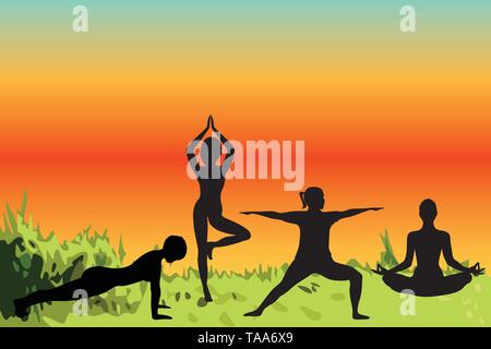 Silhouettes de femmes faisant des exercices de yoga en nature une illustration vectorielle. Méditation et relaxation en plein air l'activité dans le paysage de la nature. Li Active Illustration de Vecteur