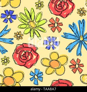 Floral background doodle. Scrapbook scribble seamless texture avec des fleurs. Design pour le papier d'emballage. Illustration de Vecteur