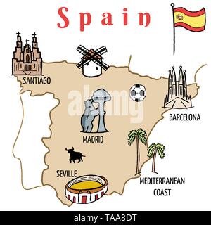 Espagne - Carte repères graphiques vectoriels doodle mignon avec Madrid, Barcelone, Santiago de Compostelle, Séville et le football. Illustration de Vecteur