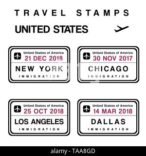 Vecteur de voyage - jeu de timbres de passeport (timbres fictifs). Destinations USA : New York, Chicago, Los Angeles et Dallas. Illustration de Vecteur