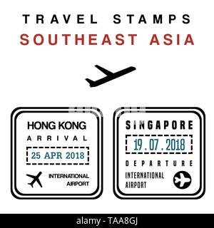 Vecteur de voyage - jeu de timbres de passeport (timbres fictifs). Destinations Asie : Hong Kong et Singapour. Illustration de Vecteur