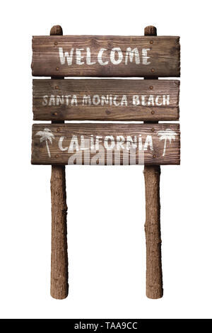 Bienvenue à la plage de Santa Monica en Californie Bois signe isolé sur fond blanc Banque D'Images