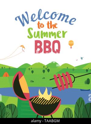 Barbecue d'été affiche couleur télévision vecteur bienvenue Illustration de Vecteur