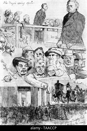 Scène électorale à Birmingham, 1875. De The Illustrated London News 6th février 1875. Le député de Birmingham John Bright (1811-1889) fait campagne. Quaker John Bright était un homme d'État britannique radical et libéral. Il a joué un rôle essentiel dans la formation de la Ligue de droit anti-maïs et a été l'un des plus grands orateurs de sa génération. Banque D'Images