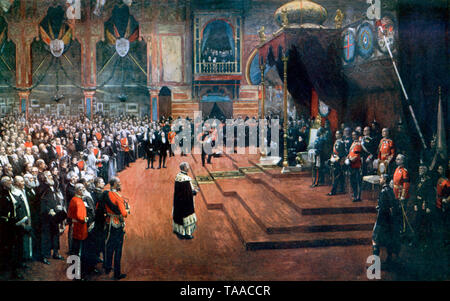 Visite d'État de la reine Victoria à l'exposition internationale de Glasgow, 22nd août 1888. Par Sir John Lavery (1856-1941). Lieutenant-colonel Archibald Campbell, 1st Baron Blythswood (1835-1908), lisant l'adresse à sa Majesté. L'exposition internationale des sciences, de l'art et de l'industrie a été la première des quatre expositions internationales qui se sont tenues à Glasgow, en Écosse, à la fin de 19th et au début de 20th siècles, et qui se sont déroulées au parc Kelvingrove. Banque D'Images