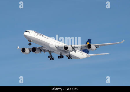 Munich, Allemagne - 08. Février 2019 : Lufthansa Airbus A340-642 à l'avion immatriculé D-l'AIHV dans l'approche de la piste du nord de l'UM Banque D'Images