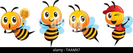 Cute Cartoon mascotte abeille set. Cartoon cute bee montrant la victoire, tenant un balancier de miel et porter le chapeau. Vector illustration isolé Illustration de Vecteur