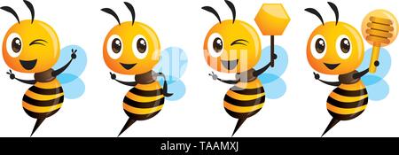 Cute Cartoon mascot bee série. Cartoon cute bee orienté. Cute bee holding de miel. Cute bee honey dipper holding. Vector illustration isolé Illustration de Vecteur