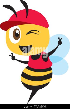 Cartoon design plat bee portant bonnet rouge montrant la main, signe de victoire télévision vector illustration mascot Illustration de Vecteur
