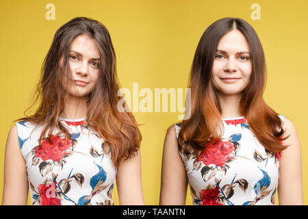 Fille aux cheveux brillant et malpropre dans shampoon non gratté après. Banque D'Images