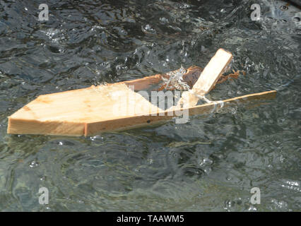 Modèle simple bateau avec moteur élastique propulse son chemin sur une surface de l'eau. Banque D'Images
