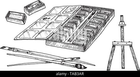Les peintures et les pinceaux pour les artistes. Outils créatifs de style vintage. Croquis dessinés à la main, gravée. Illustration de Vecteur
