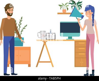 Couple dans le bureau de travail avec un fond blanc Illustration de Vecteur